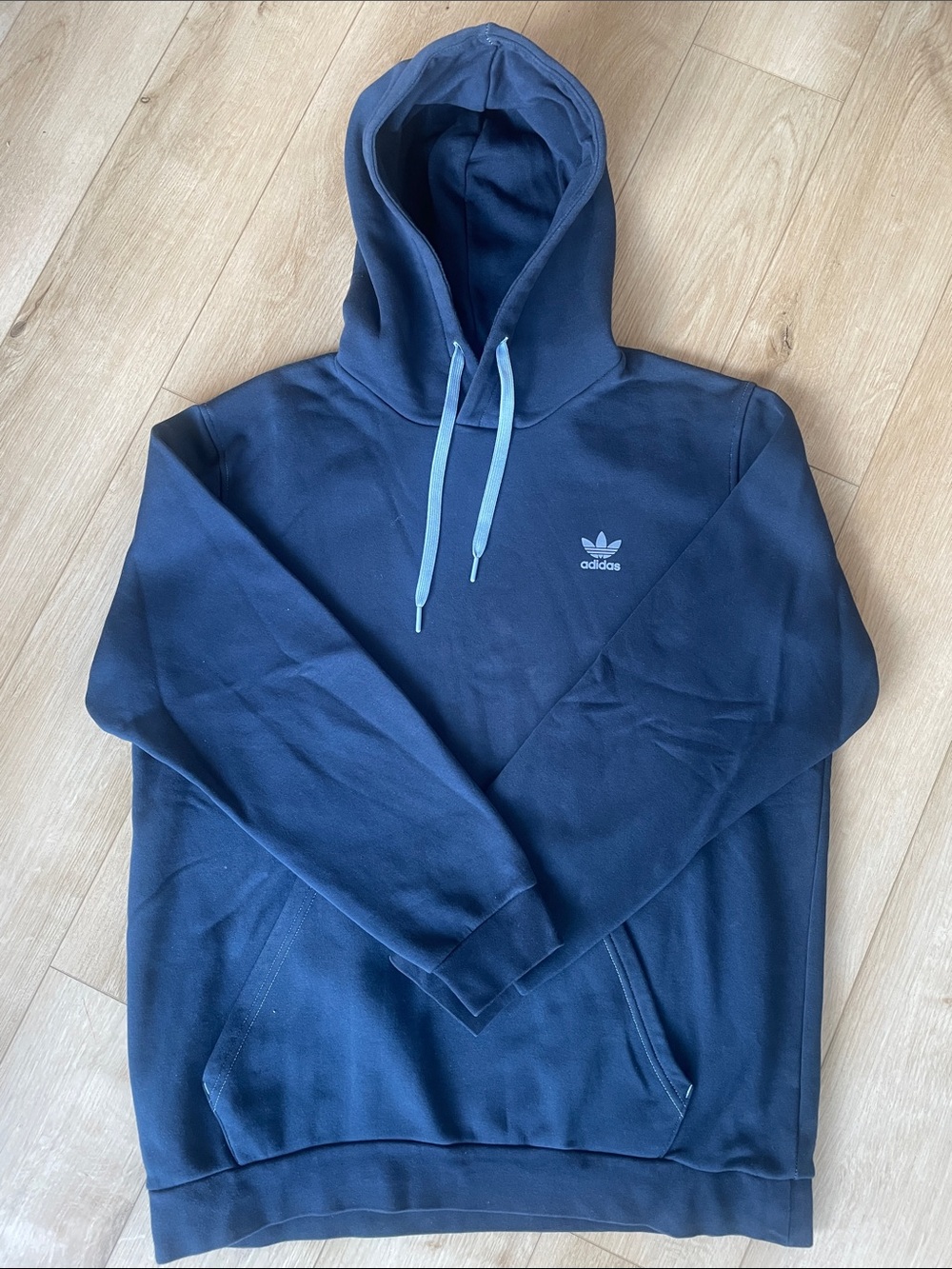 adidas Navy Blue Trefoil Pullover Hoodie with Light Blue Drawstrings
